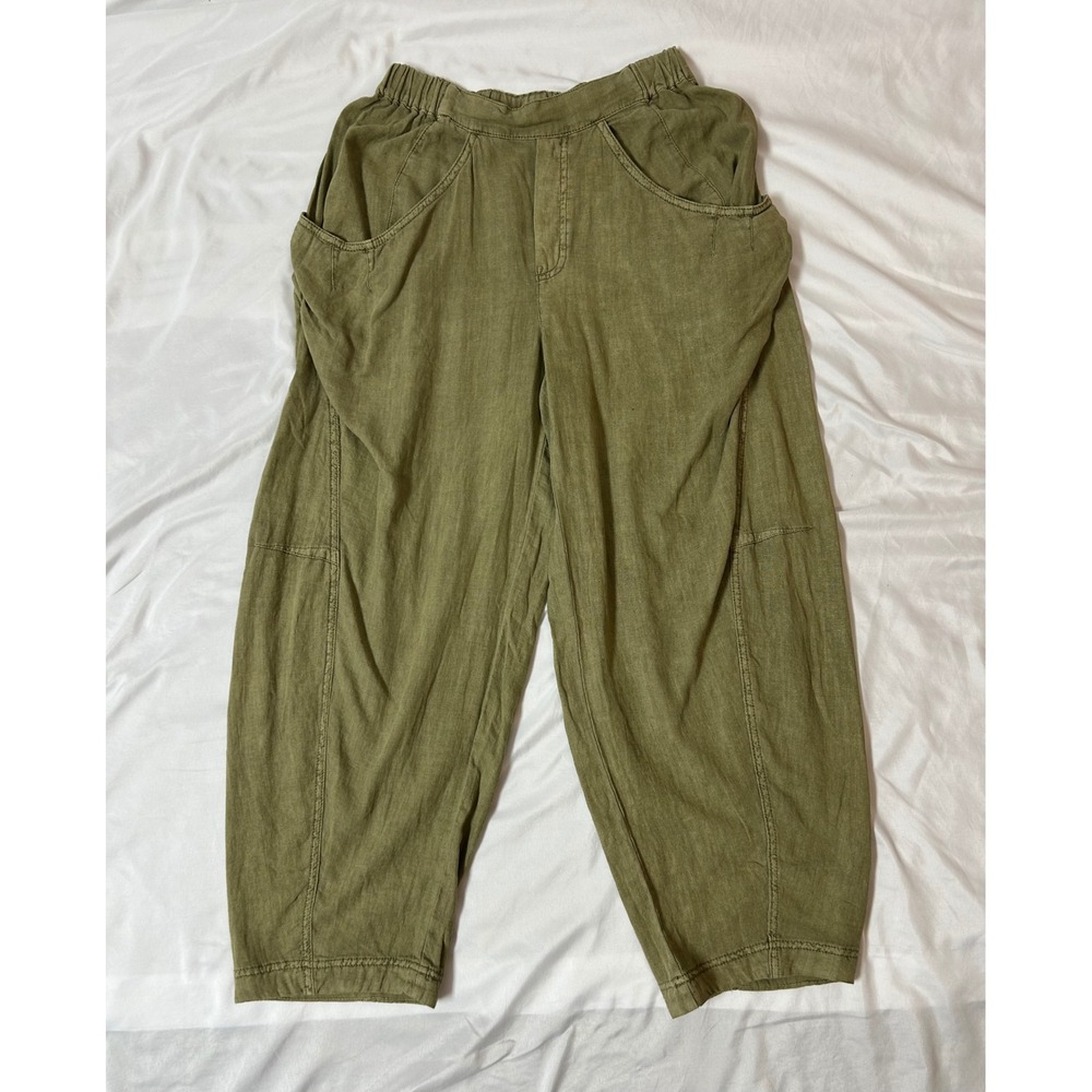 Free People Olive Green Linen Blend Barrel Tapered Pants XS Relaxed Elastic Back